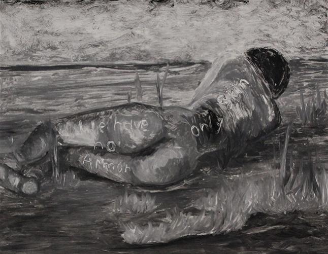 Oil print of figure laying prone away from view toward horizone line